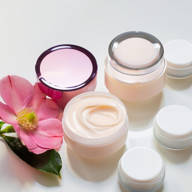 cream cosmetic products colored creams and a flower on a white table