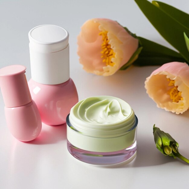 cream cosmetic products colored creams and a flower on a white table