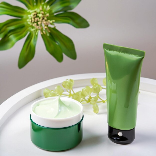 cream cosmetic products for face and body in green cream and on a white table and a flower