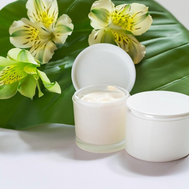 Cream cosmetic products for face and body in green cream and on a white table and a flower