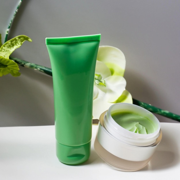 cream cosmetic products for face and body in green cream and on a white table and a flower