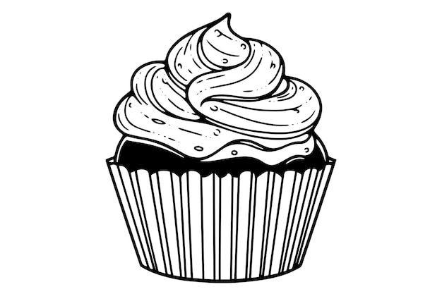 Cream cupcake met de hand getekende inkt schets gegraveerde stijl retro vector illustratie