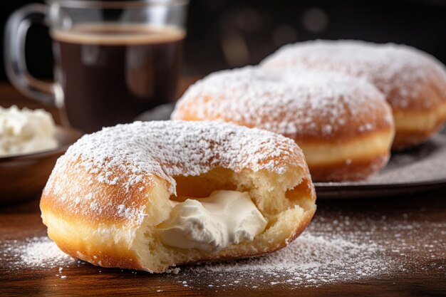 Cream filled doughnuts with butter cream and powdered sugar on table