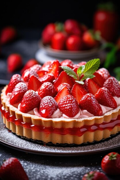 A cream filled tart with fresh strawberries