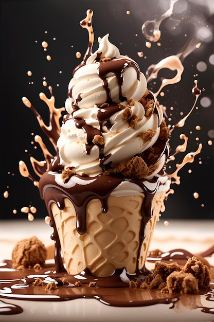 cream ice cream with chocolate sauce