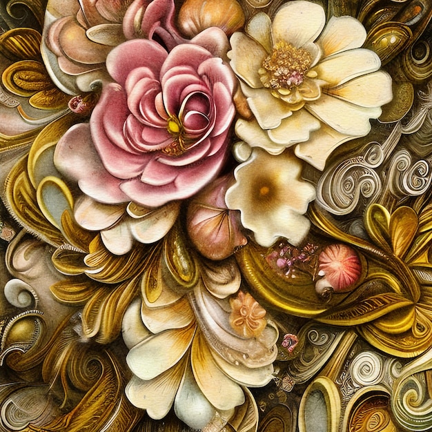 クリーム色の象牙と金色の花の背景