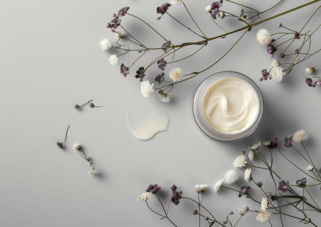 Photo cream jar next to flowers