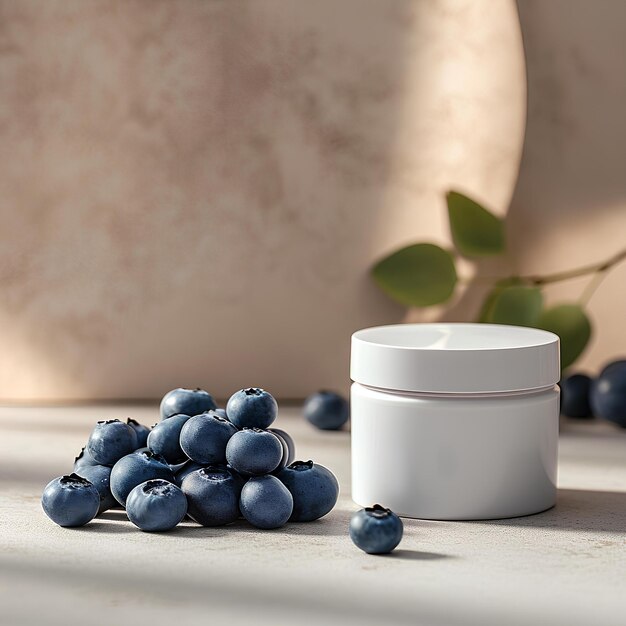 A cream jar with blueberries on a white table with natural background