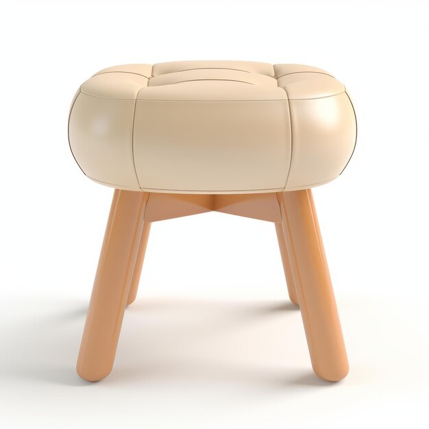 Cream Leather Footstool With Wooden Legs 3d Render Ottoman