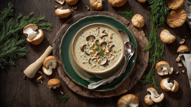 Cream of mushroom soup on old background