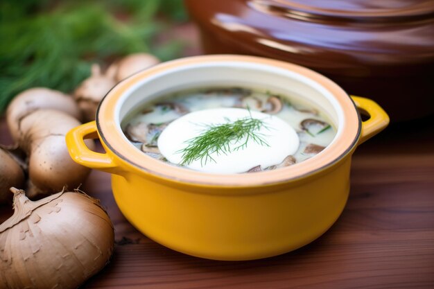 Cream of mushroom soup with a dollop of sour cream in a rustic pot