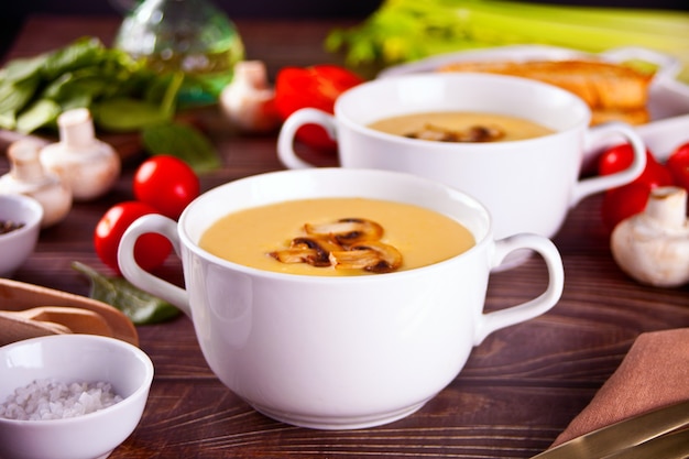 Cream of mushroom soup with sliced mushrooms.