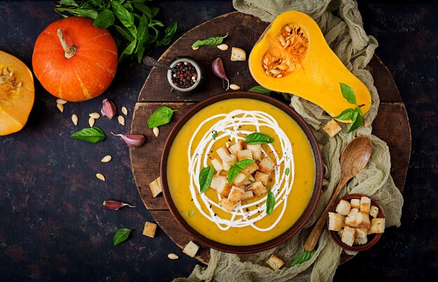 Cream of pumpkin soup with sour cream sauce