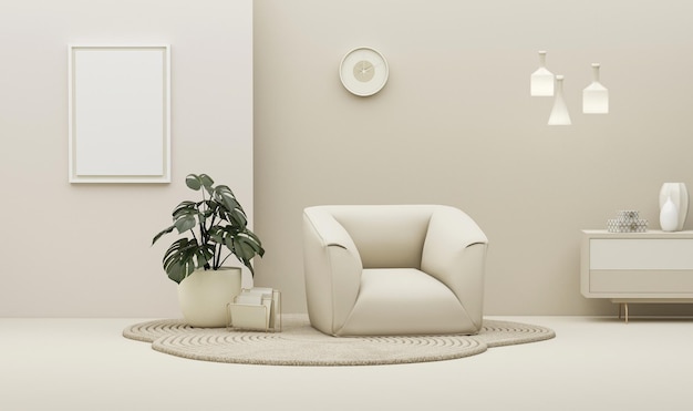 Cream room wall mock up in warme tinten met fauteuil en decoratie minimal3d rendering