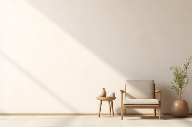 Cream room wall mock up in warm tones with armchair and decoration minimal3d rendering