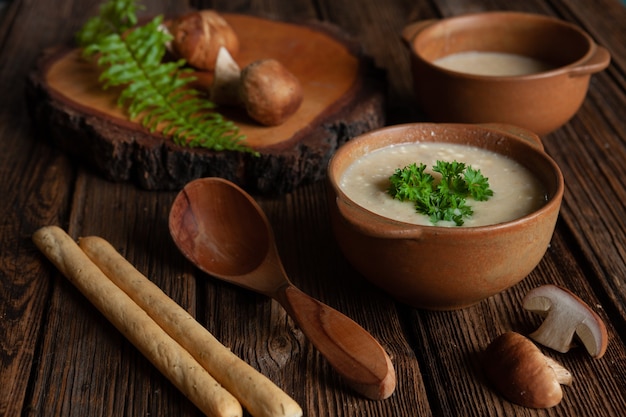 Cream soup from fresh forest mushrooms cep, boletus. Top view, close-up