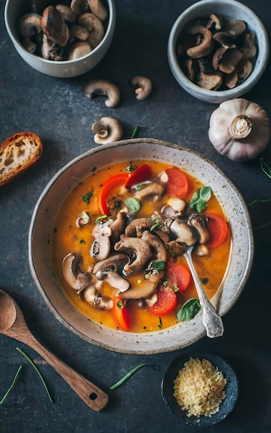 Photo cream soup of red lentils with tomatoes and fried wild mushrooms on the table