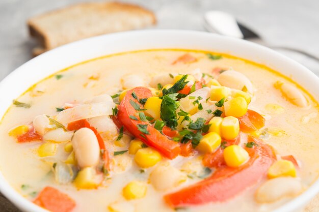 Cream soup with vegetables and corn