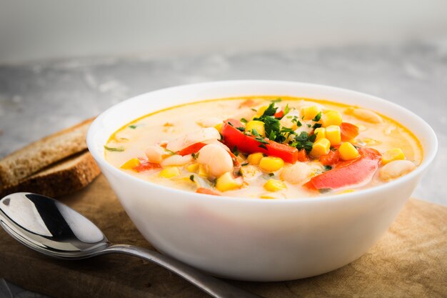 Cream soup with vegetables and corn
