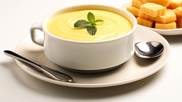 Foto zuppa di crema zuppa di colore giallo su sfondo bianco