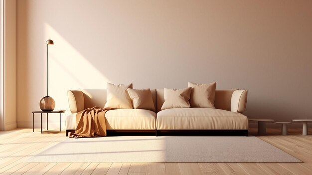 Cream suede leather sofa brown cushion blanket in sunlight on beige wall parquet floor living room