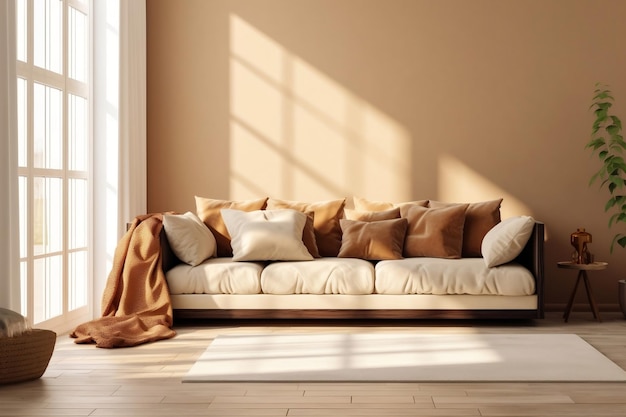 Photo cream suede leather sofa with brown cushion 3d interior mockup on parquet floor ai generative