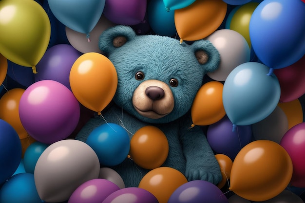 Cream teddy bear with a heart and a balloon in a cozy living room Generated AI