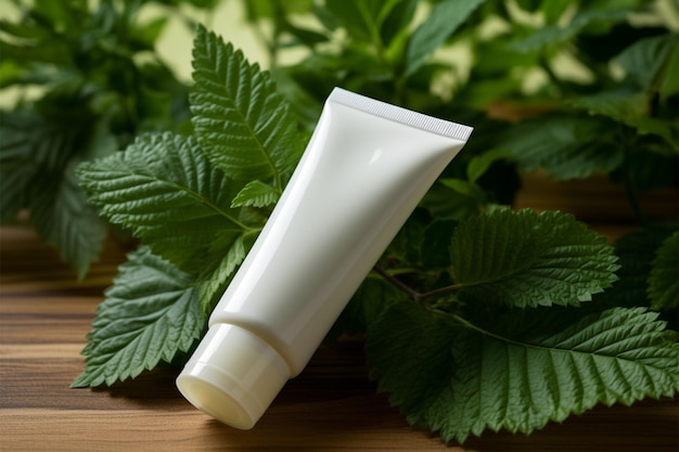 Cream tube perched delicately atop a vibrant fresh green leaf