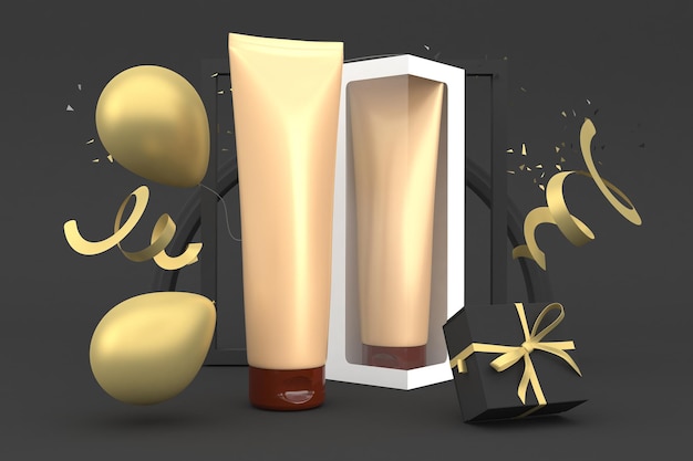 Photo cream tubes with a box front side in black friday themed background