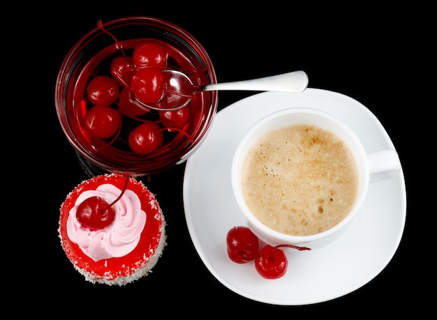 Cream vanilla cake with cherries