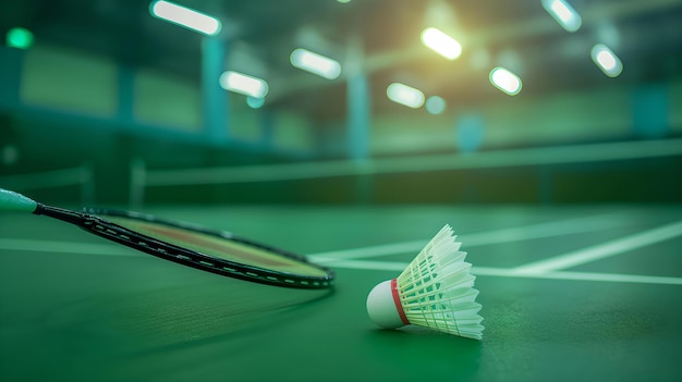 Photo cream white badminton shuttlecock and racket with neon light shading on green floor in indoor badmin