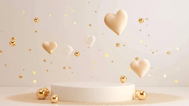 Cream white podium with hearts and golden balls Valentines Day Wedding Anniversary Generative Ai