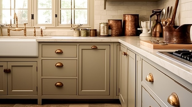 Foto cream wit huisje keuken decor interieurontwerp en huisverbetering engels in frame keukenkasten in een landelijk huis elegante landelijke stijl