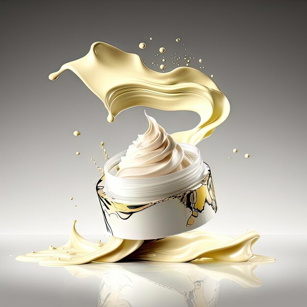 A cream with a swirl of liquid in it is being poured into it.