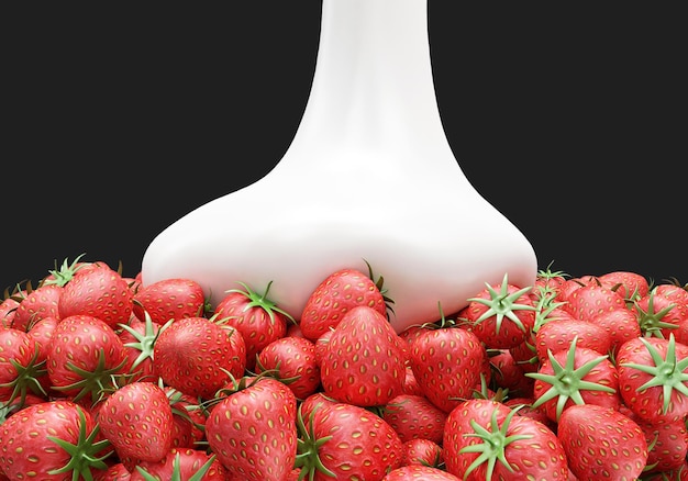 Cream or Yogurt pouring on Strawberry on black background