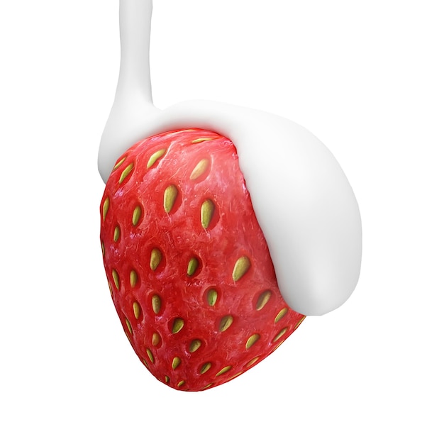 Cream or Yogurt pouring on Strawberry on white background