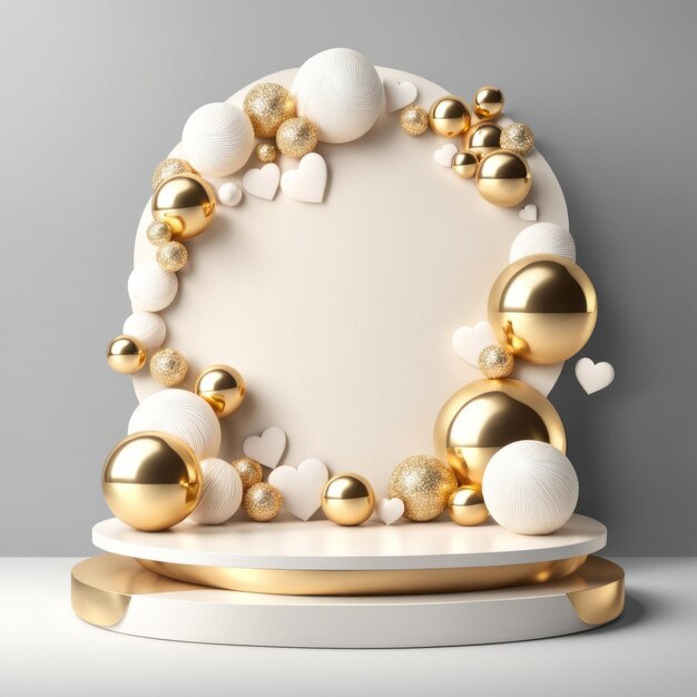 Creamwit podium met harten en gouden ballen Valentijnsdag Wedding Anniversary Podium voor product cosmetische presentatie