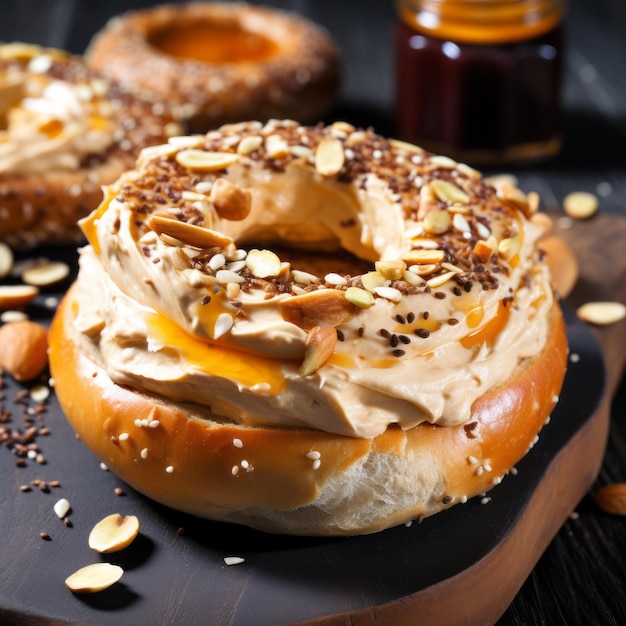 Creamy Almond Bagel With Honey And Cream Dark Gold And Light Brown Style