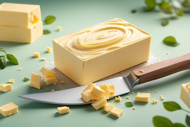 Creamy boter advertenties boter krullen op mes met pakketontwerp in 3D illustratie natuur bokeh achtergrond