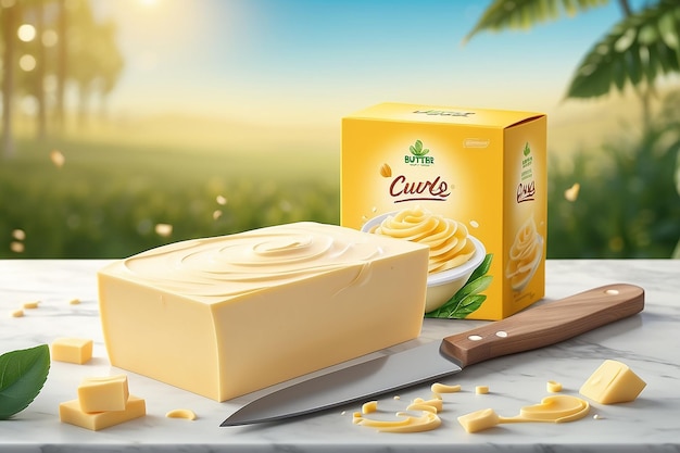Creamy boter advertenties boter krullen op mes met pakketontwerp in 3D illustratie natuur bokeh achtergrond