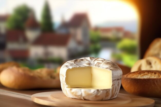 A creamy brie cheese being spread on a fresh baguette