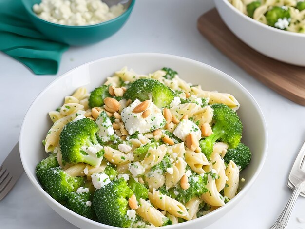 Creamy broccoli feta cheese pasta with pine nuts Healthy food