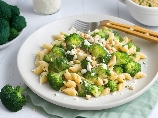 Creamy broccoli feta cheese pasta with pine nuts Healthy food