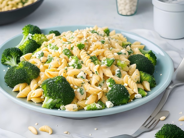 Creamy broccoli feta cheese pasta with pine nuts Healthy food