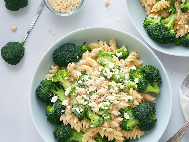 Creamy broccoli feta cheese pasta with pine nuts Healthy food