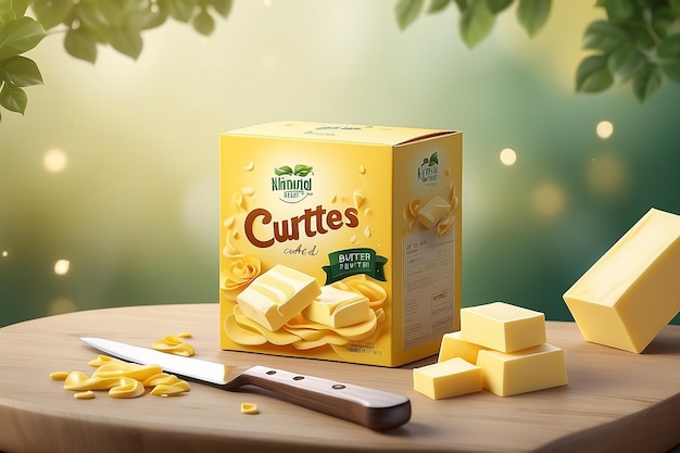 Creamy butter ads butter curls on knife with package design in 3d illustration nature bokeh background