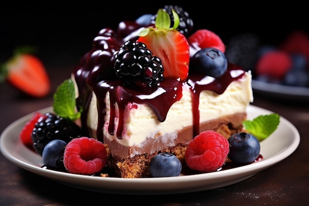 Creamy cake topped with chocolate and multiple fruits