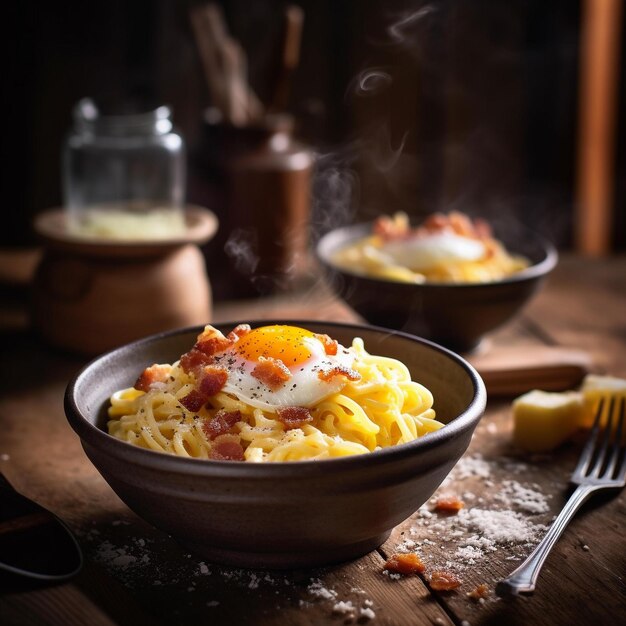 Creamy Carbonara Pasta with Egg Yolk and Crispy Bacon