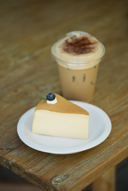 Creamy cheesecake and iced coffee