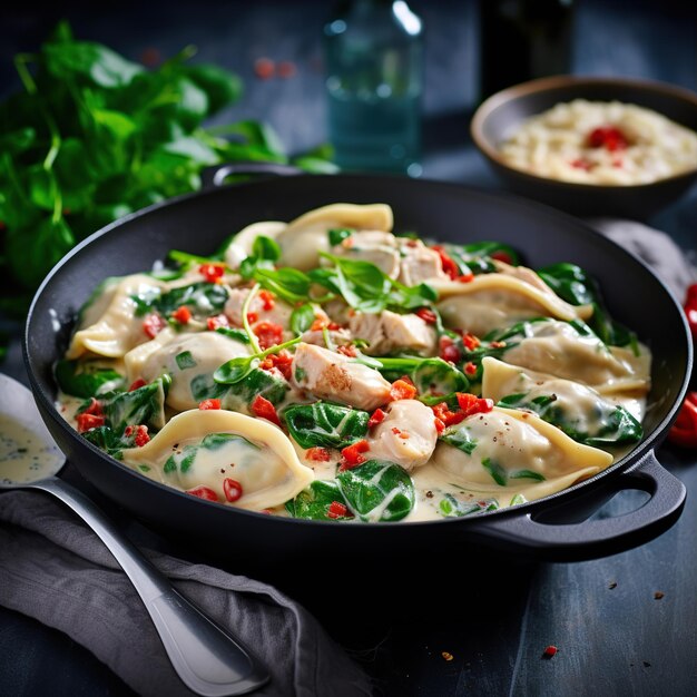Premium AI Image | creamy chicken with ravioli and spinach